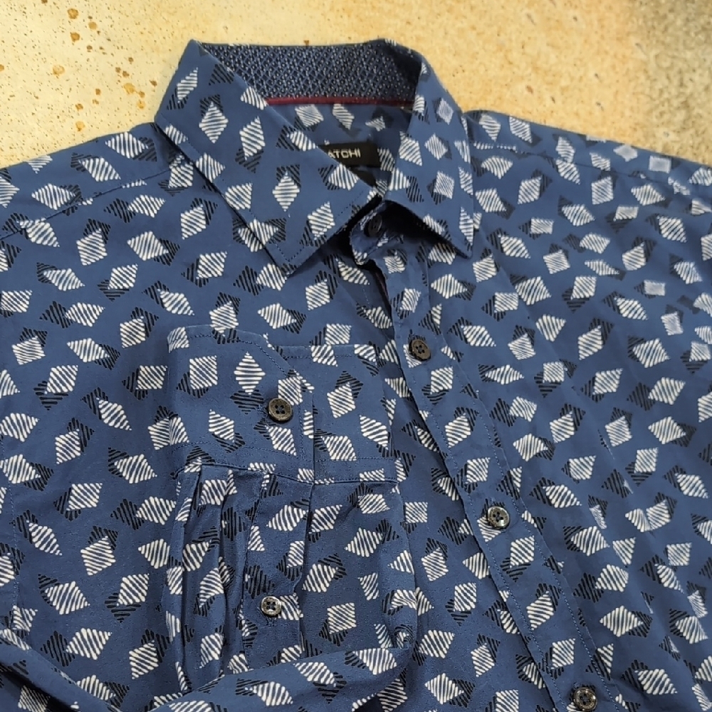 Bugatchi Cotton Blue White Geometric Patterned Button Down Dress Shirt Size M